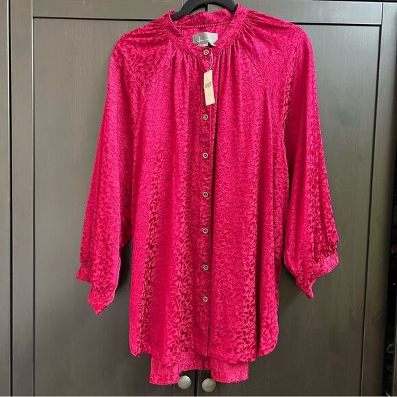 Anthropologie Burgundy Burnout Floral Velvet Buttondown Shirt Size XL NWT - Picture 6 of 12